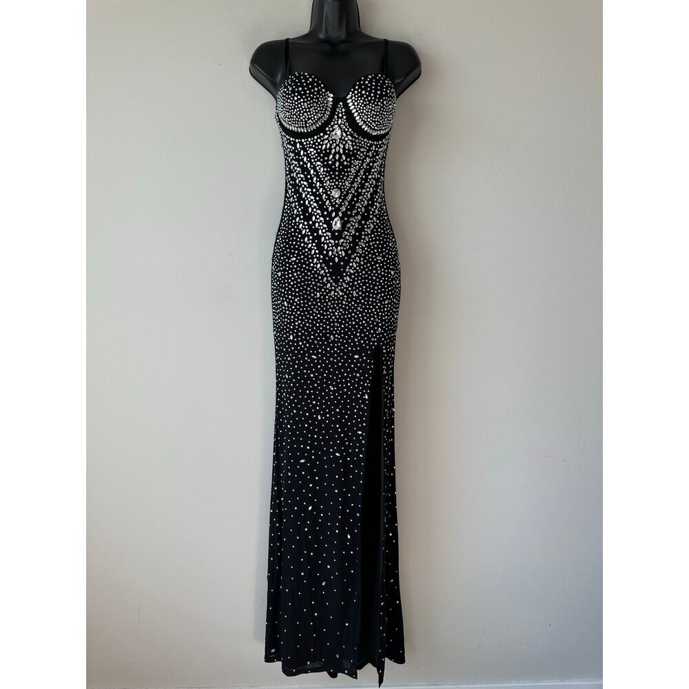 Windsor Candice Black Rhinestone Crystal Bustier Maxi Dress Prom Pageant Glam XS